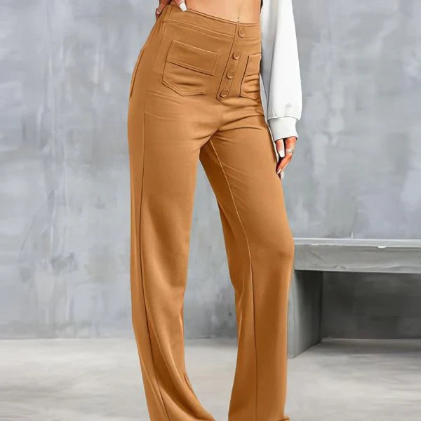 Women’s High-Waist Wide-Leg Trousers – Tailored Straight Pants with Button Detail