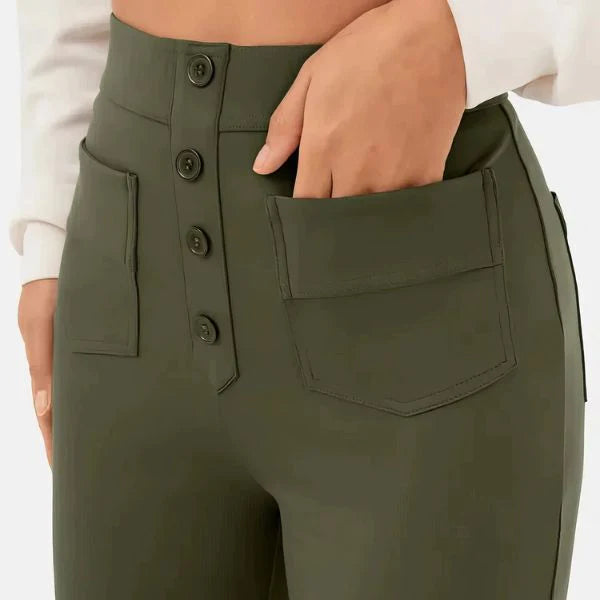 Women’s High-Waist Wide-Leg Trousers – Tailored Straight Pants with Button Detail