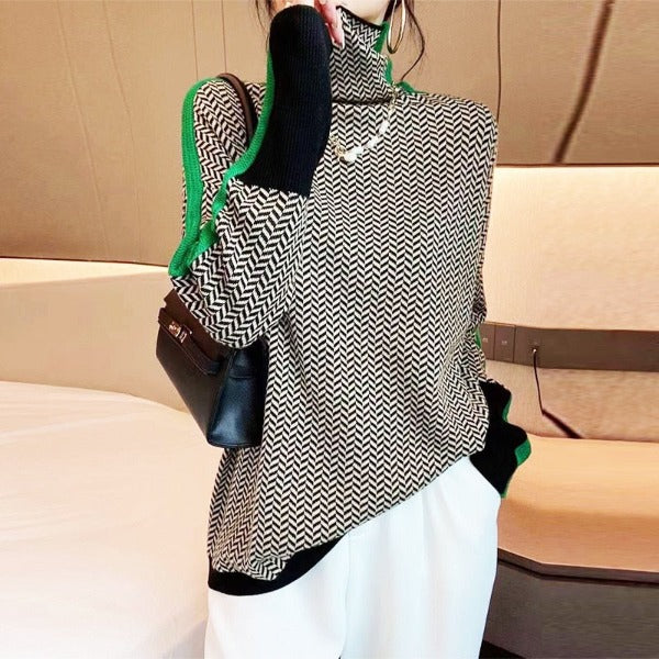 Women’s High Neck Striped Sweater – Contrast Stripe Knit Pullover for Casual & Winter Wear