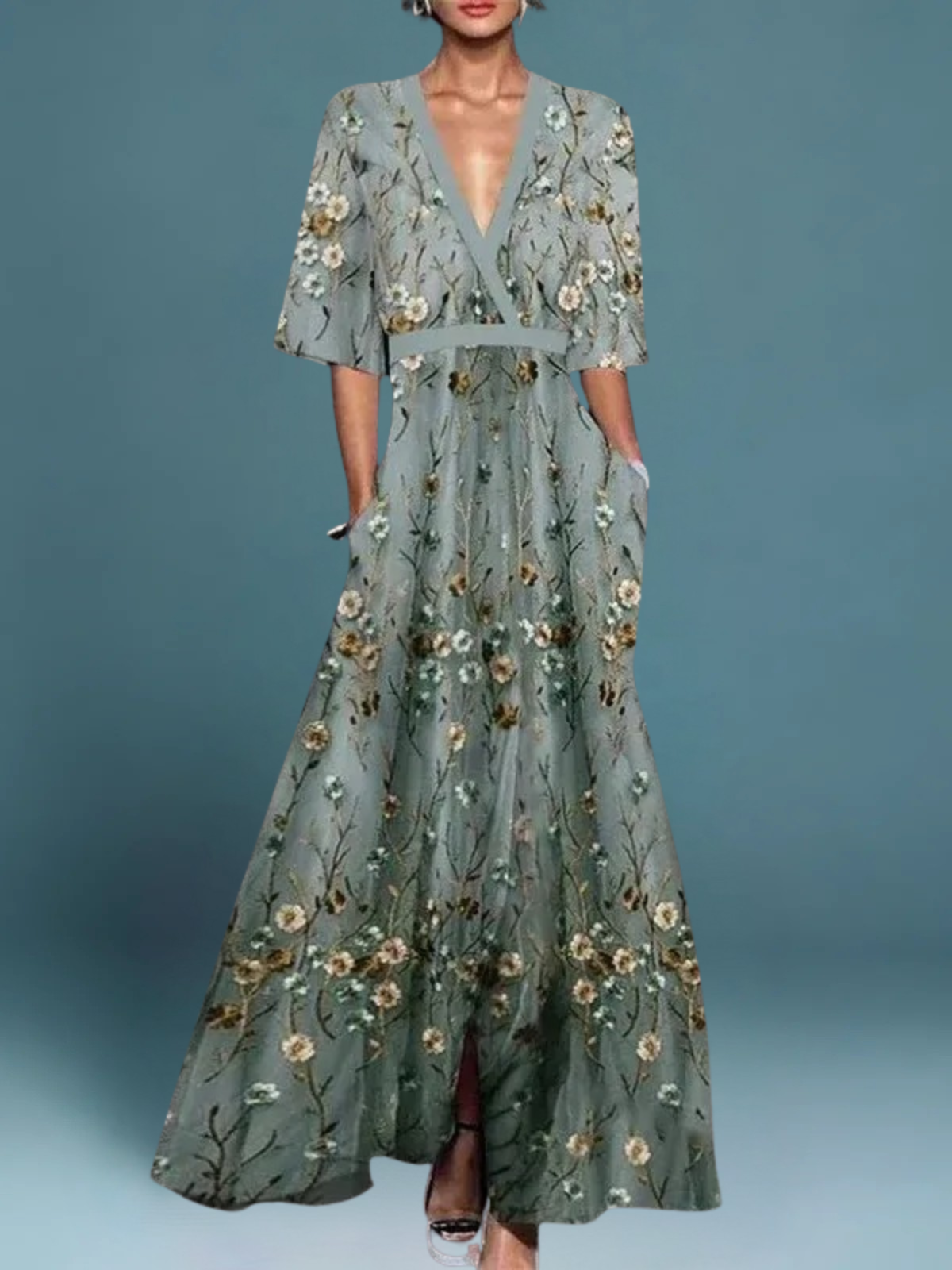 Lauren - Chic Floral V-Neck Waist Belt Boho Maxi Dress