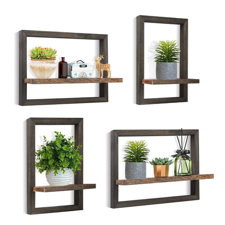 Rustic Square Floating Wall Shelves Set of 4 – Wooden Hanging Shelves for Bathroom, Living Room & Kitchen Storage