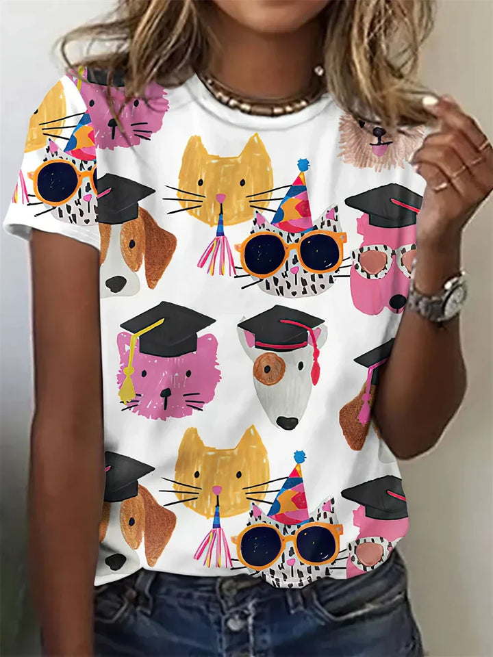 Women’s Dog Print Graphic T-Shirt – Casual Stylish Cotton Tee for Everyday Wear