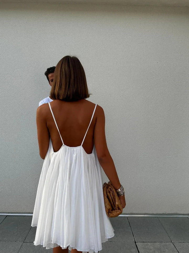 Olive - Pleated V-neck Mini Beach Dress