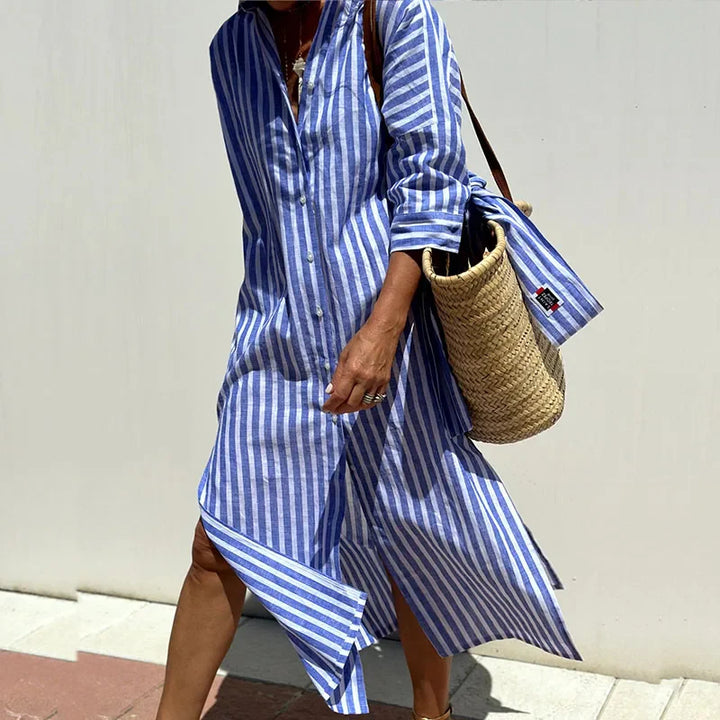 Striped Button-Up Shirt Dress – Lightweight Midi Dress for Casual & Smart Everyday Styling