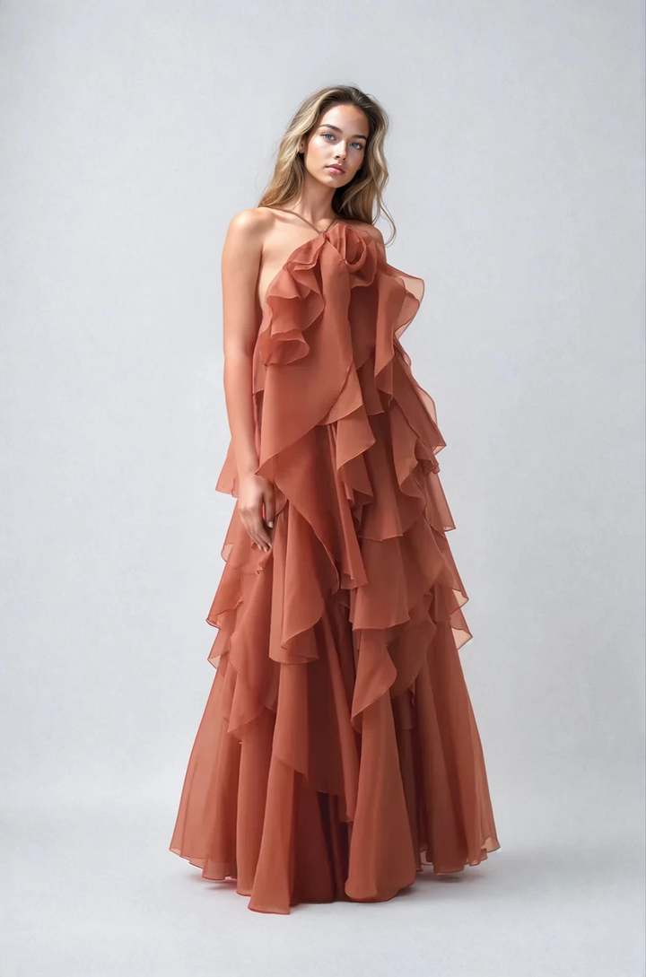 Nephele - Long Halter Ruffle Cocktail Dress
