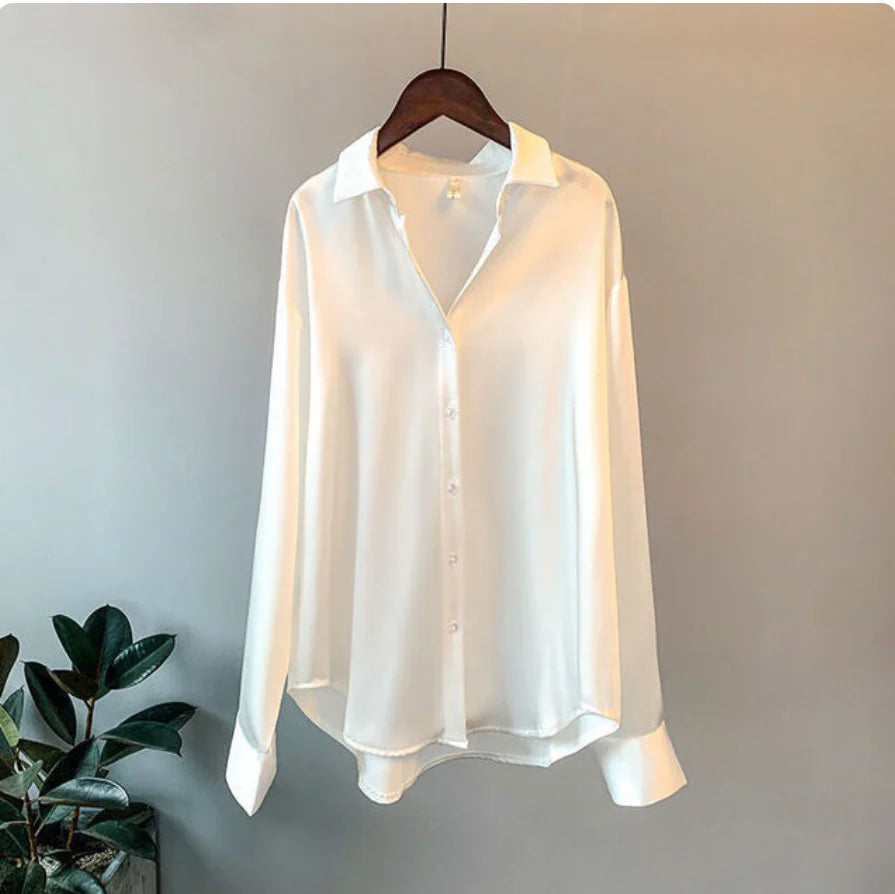 Silky Satin Button-Up Shirt – Elegant Smooth Finish Blouse for Work & Evening Styling