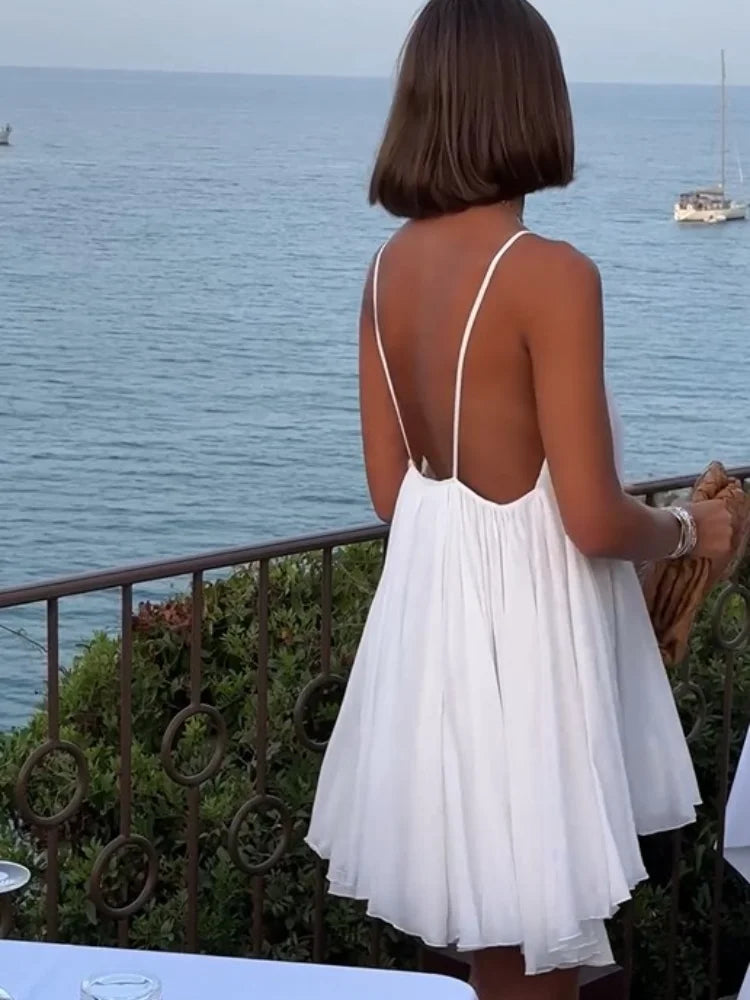 Olive - Pleated V-neck Mini Beach Dress
