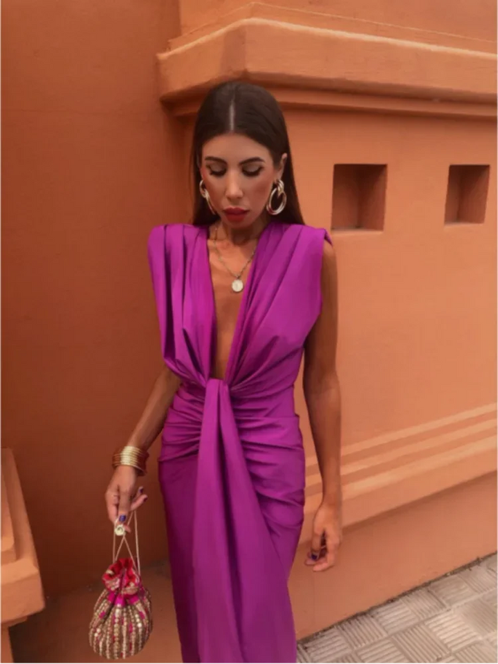 AVALYSHA – SUNSET RUCHED V-NECK DRESS