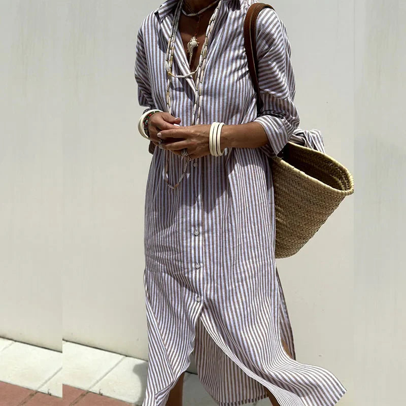 Striped Button-Up Shirt Dress – Lightweight Midi Dress for Casual & Smart Everyday Styling