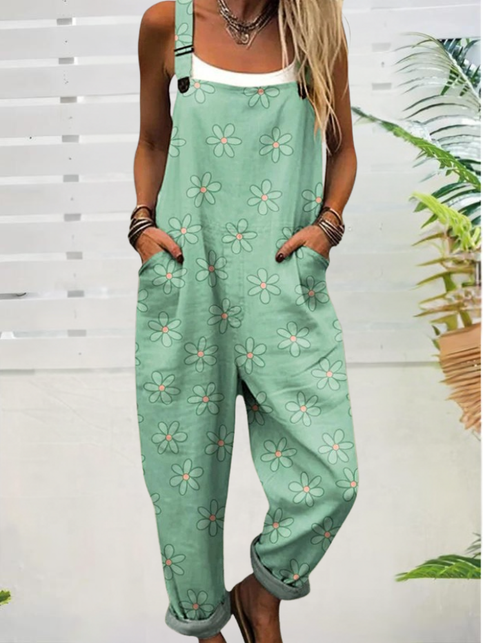 Women's Vintage Floral Wide Leg Jumpsuit - Comfort & Style