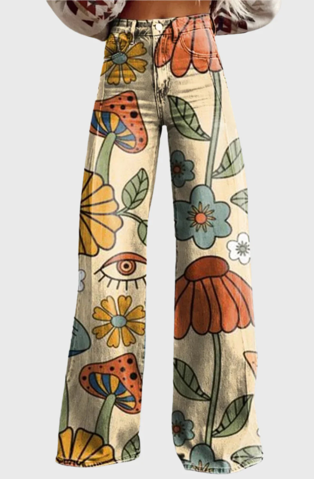 Vintage Floral Wide-Leg Jeans – High Waist Denim Pants with Retro Garden Print