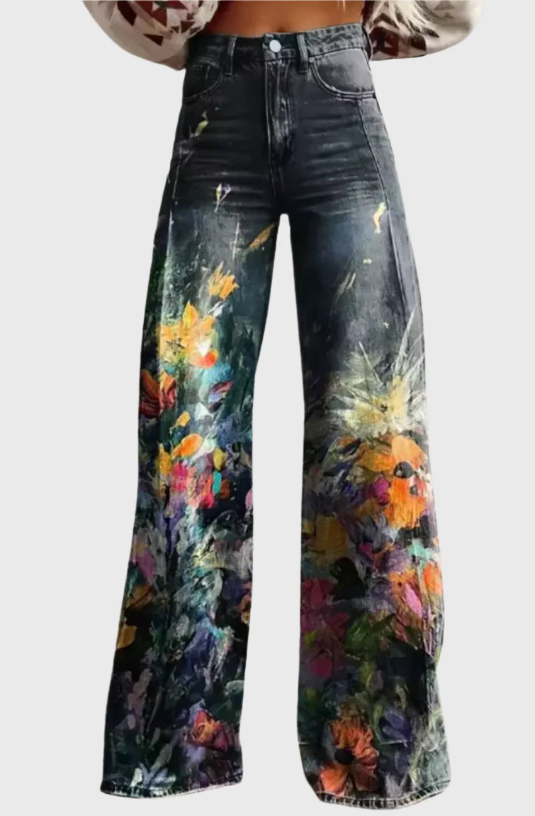 Artistic Print Wide-Leg Jeans – High Waist Denim Pants with Abstract Floral Design