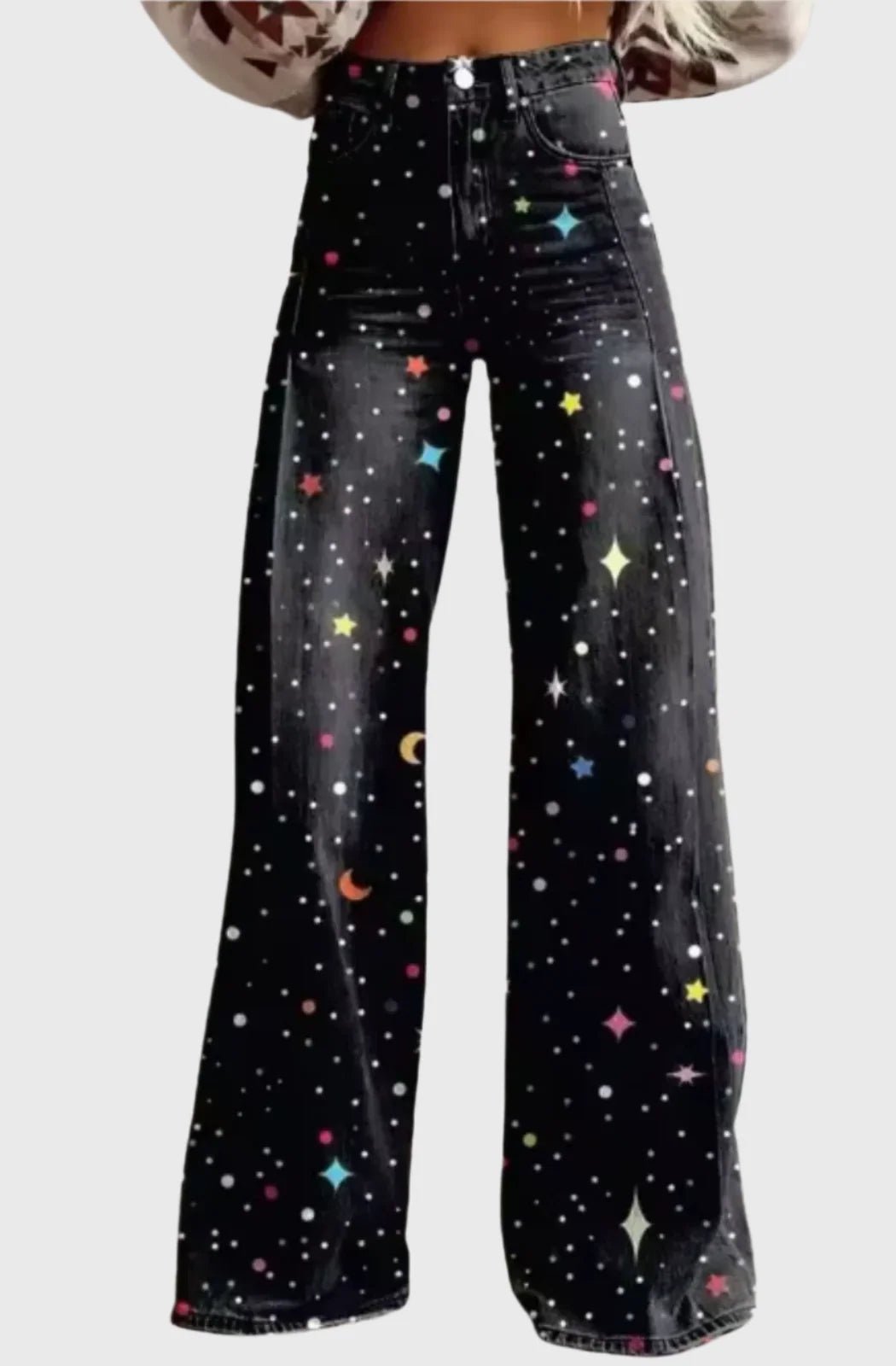 Star Print Wide-Leg Jeans – High Waist Black Denim Pants with Celestial Pattern
