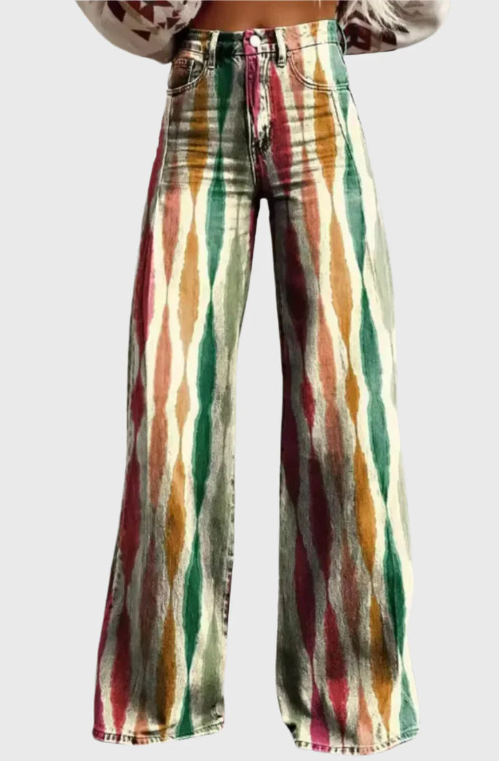 Tie-Dye Print Wide-Leg Jeans – High Waist Denim Pants with Multicolor Vertical Pattern