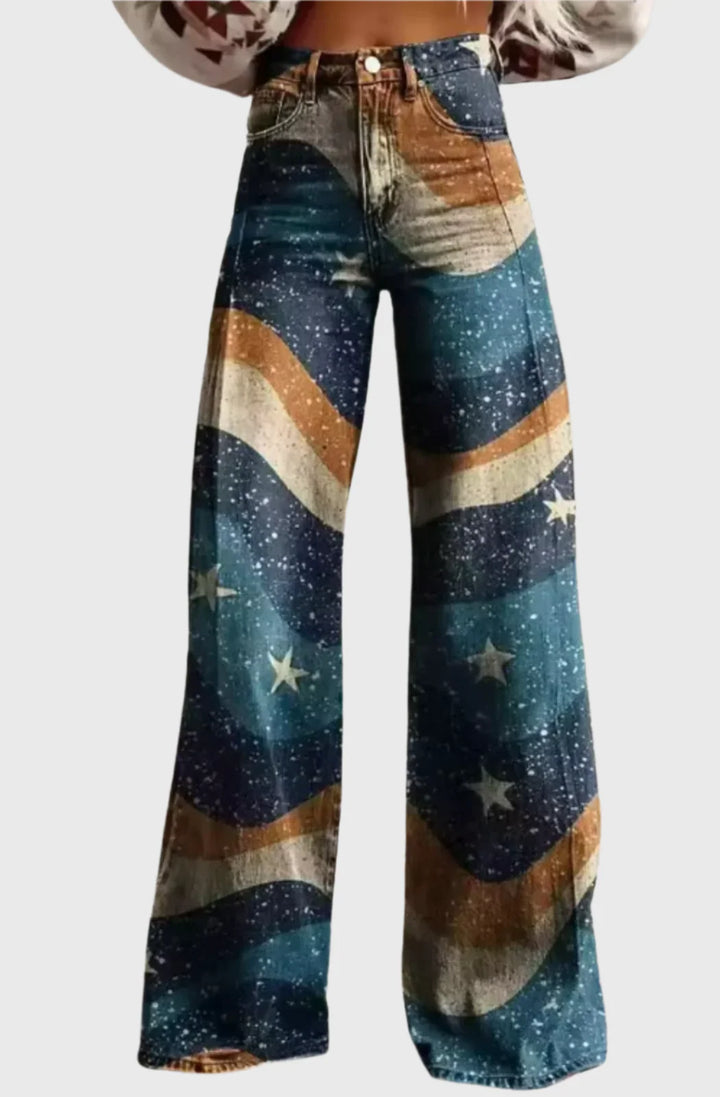 Galaxy Print Wide-Leg Jeans – High Waist Denim Pants with Vintage Star Pattern