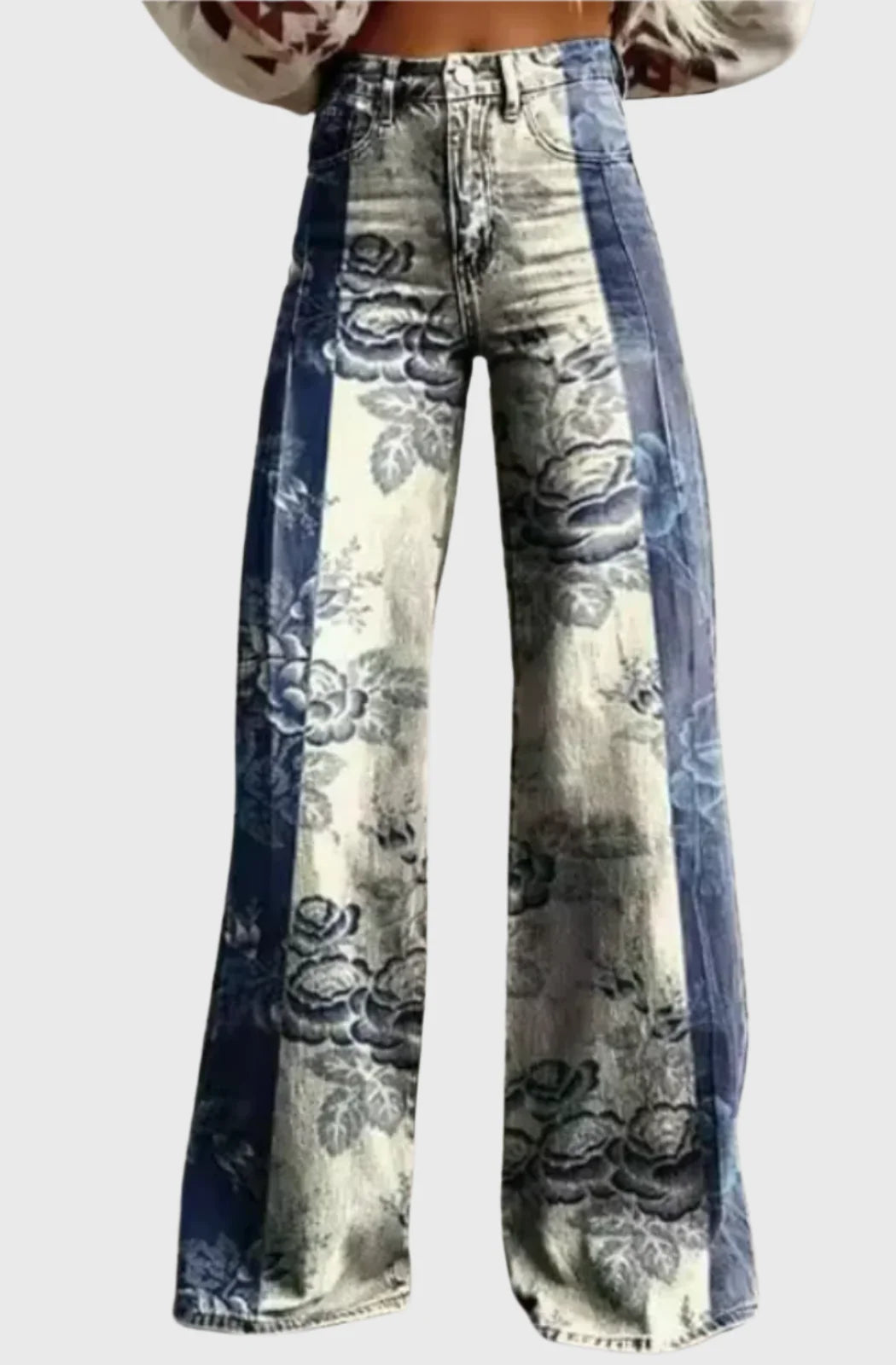 Vintage Floral Wide-Leg Jeans – High Waist Denim Pants with Classic Blue Pattern