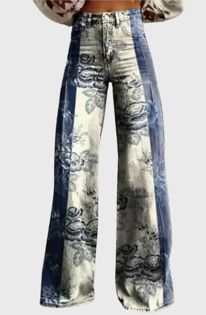 Vintage Floral Wide-Leg Jeans – High Waist Denim Pants with Classic Blue Pattern