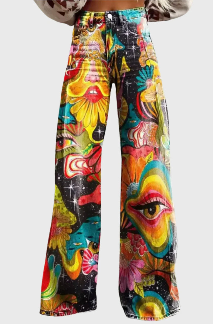 Abstract Art Wide-Leg Jeans – High Waist Denim Pants with Colorful Graphic Print