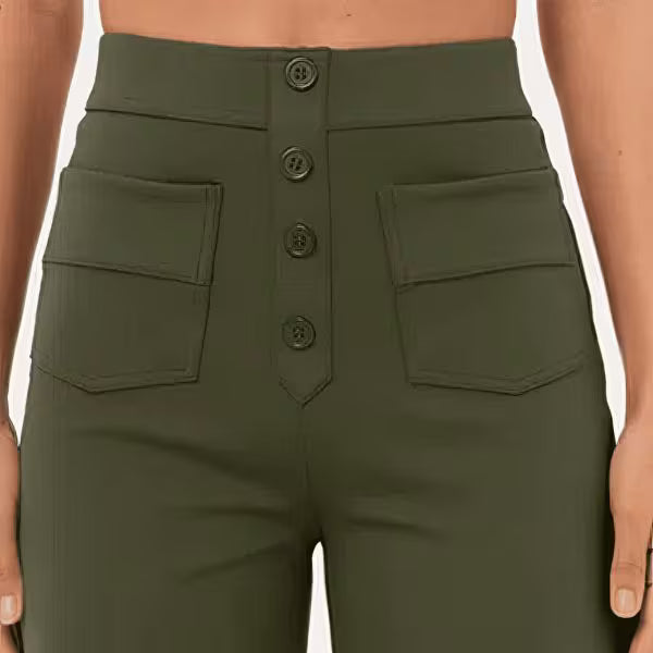 Women’s High-Waist Wide-Leg Trousers – Tailored Straight Pants with Button Detail