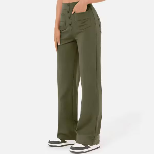 Women’s High-Waist Wide-Leg Trousers – Tailored Straight Pants with Button Detail