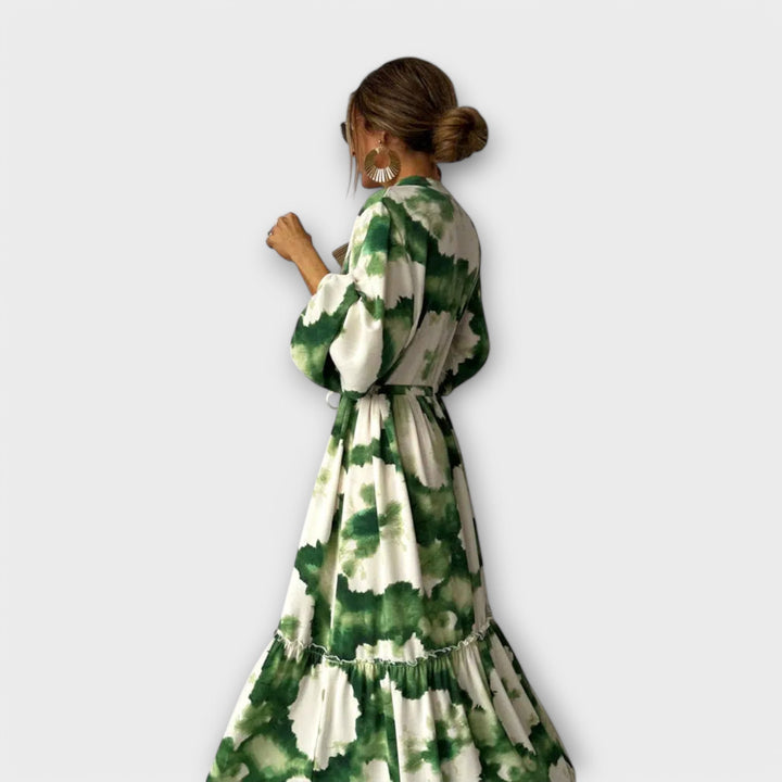 Melina - Green Maxi Dress with Long Sleeves and V-Neck