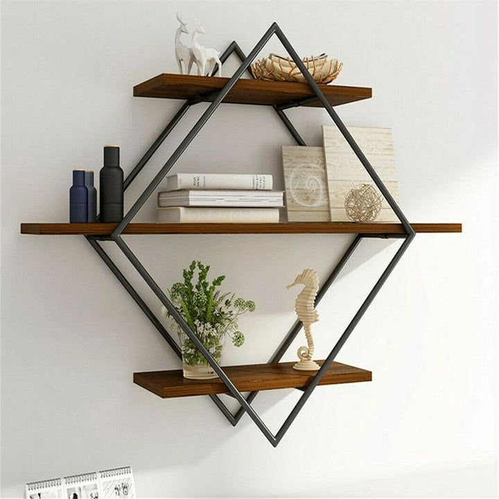 Double Layer Geometric Diamond Wall Shelf – Industrial Metal & Wood Floating Shelf, 3-Tier Rustic Storage Display