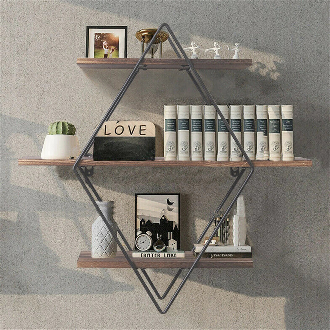 Double Layer Geometric Diamond Wall Shelf – Industrial Metal & Wood Floating Shelf, 3-Tier Rustic Storage Display