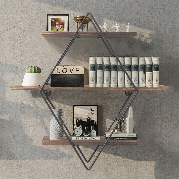 Double Layer Geometric Diamond Wall Shelf – Industrial Metal & Wood Floating Shelf, 3-Tier Rustic Storage Display