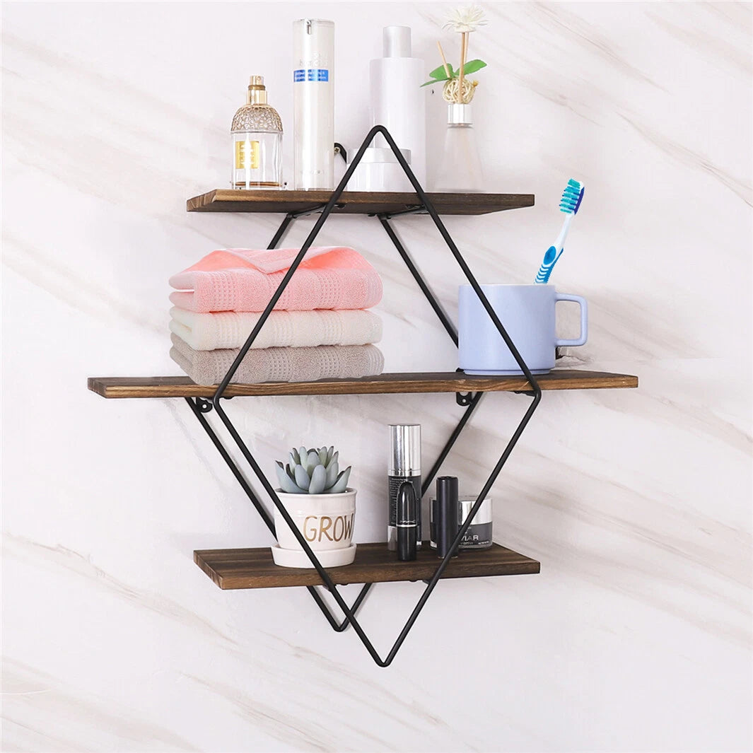 Double Layer Geometric Diamond Wall Shelf – Industrial Metal & Wood Floating Shelf, 3-Tier Rustic Storage Display