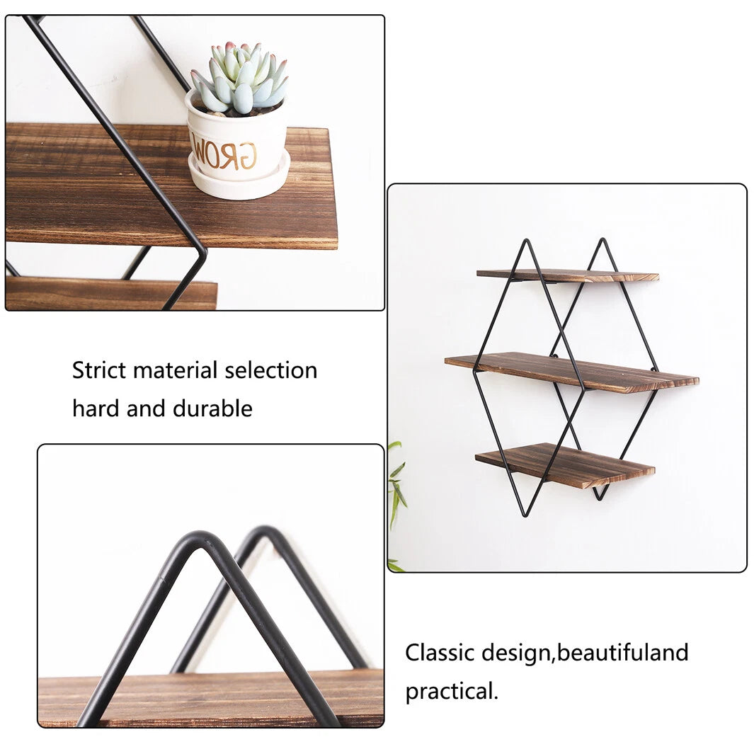 Double Layer Geometric Diamond Wall Shelf – Industrial Metal & Wood Floating Shelf, 3-Tier Rustic Storage Display