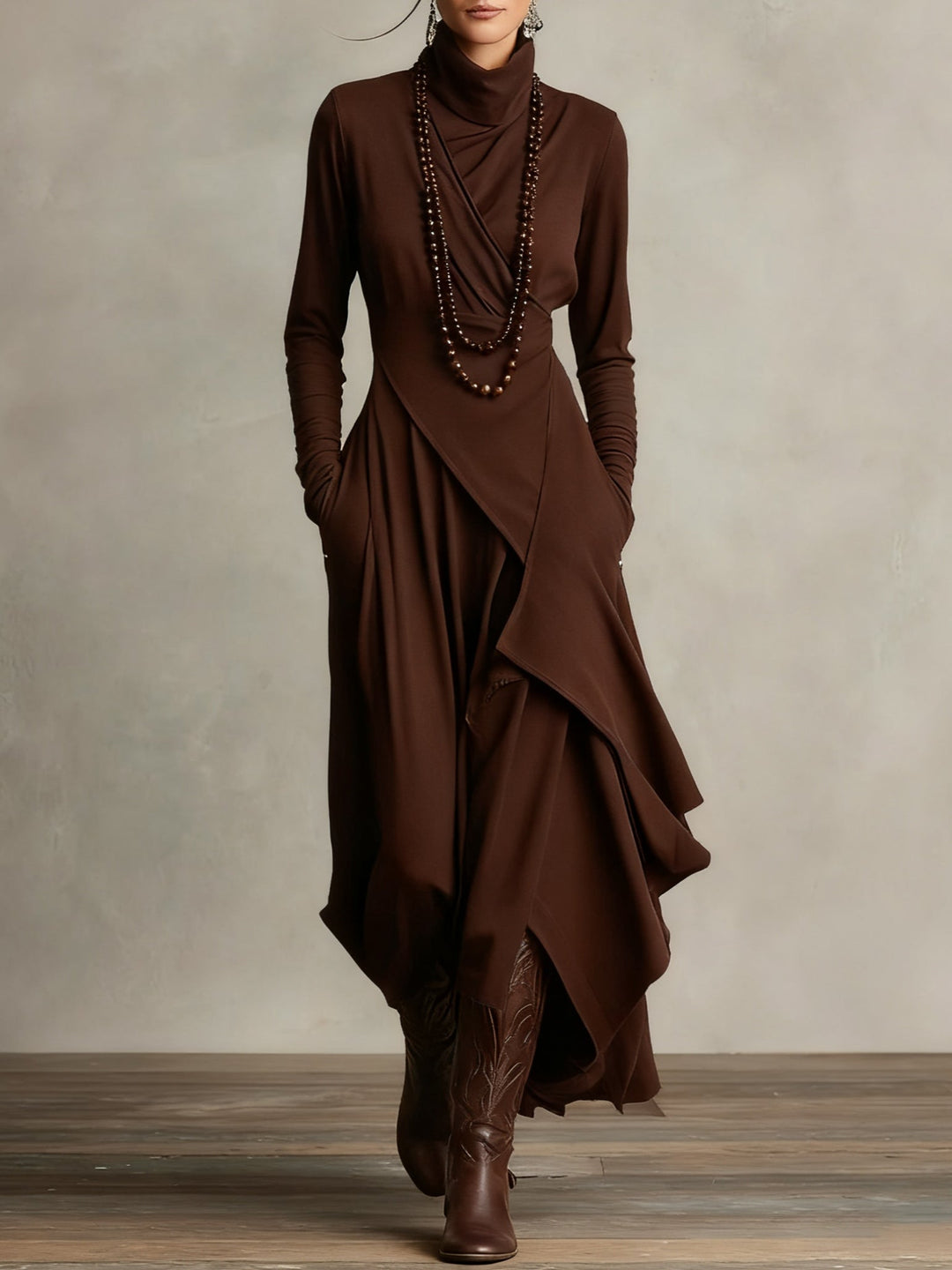 CLAIRE – ELEGANT DRAPE HIGH-NECK MAXI DRESS