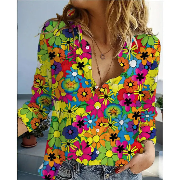 Digital Print Long Sleeve Shirt – Lightweight Lapel Blouse for Casual & Modern Everyday Styling