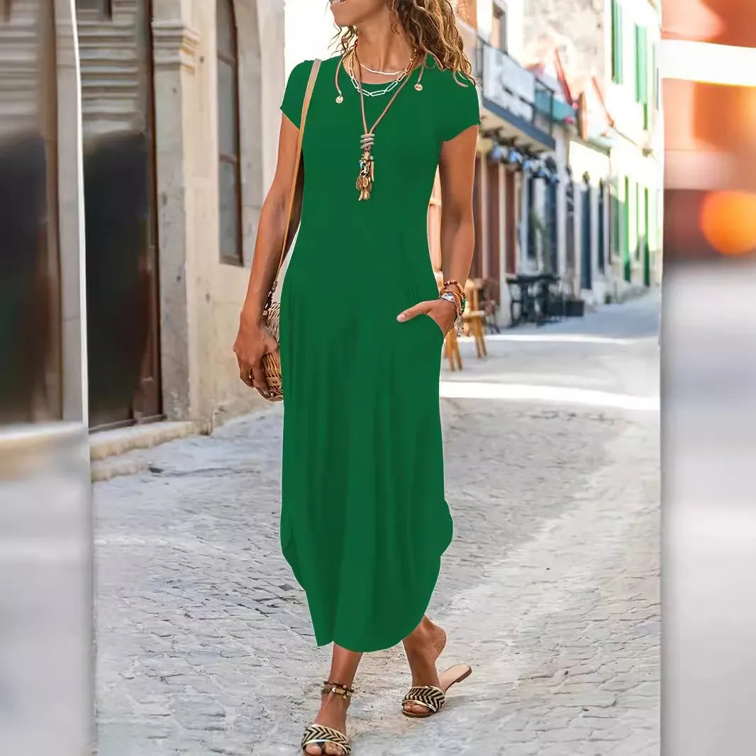 Women’s Solid Color Short Sleeve Dress – High-Stretch Minimalist Summer Fit