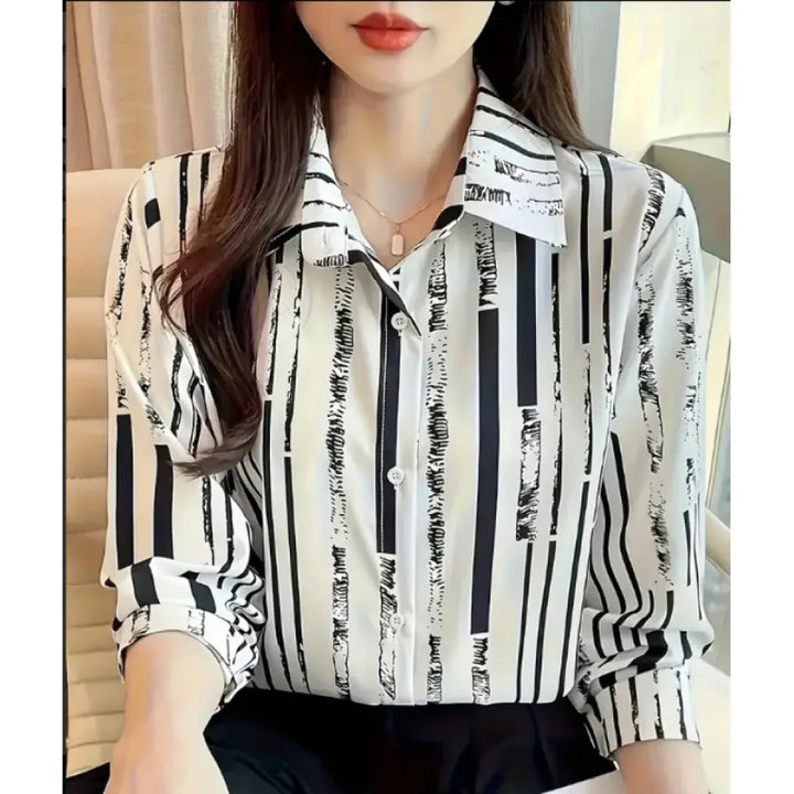 Digital Print Long Sleeve Shirt – Lightweight Lapel Blouse for Casual & Modern Everyday Styling
