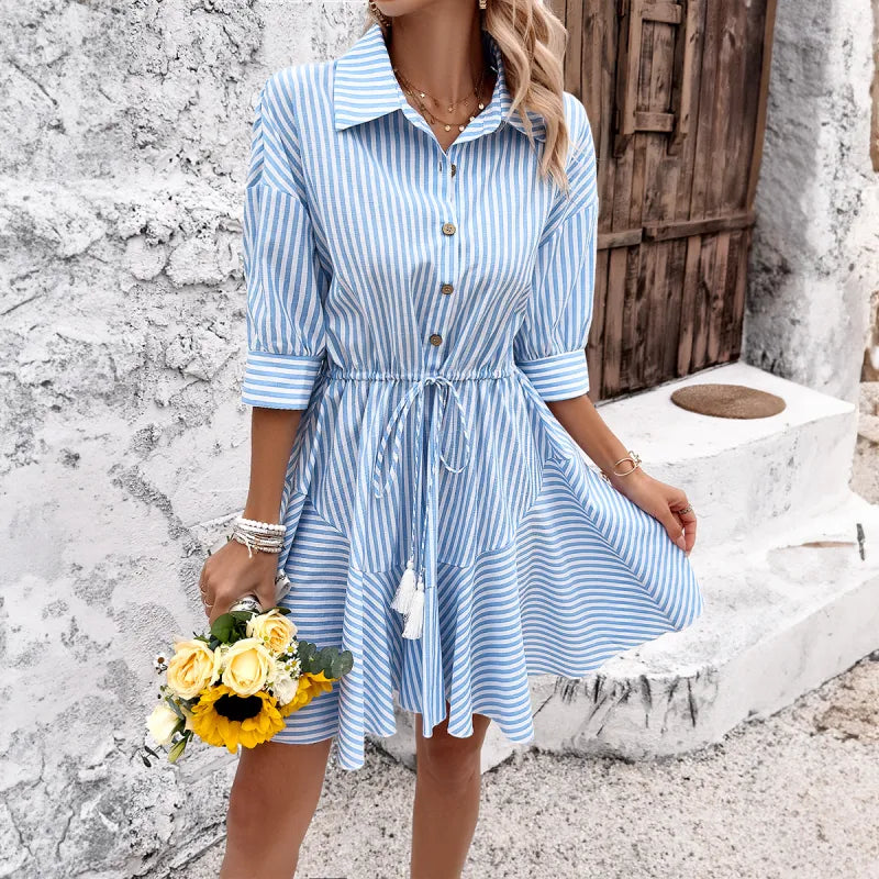 Women's Striped Casual Midi Dress Long Sleeve Leisure Fit for Daily Wear