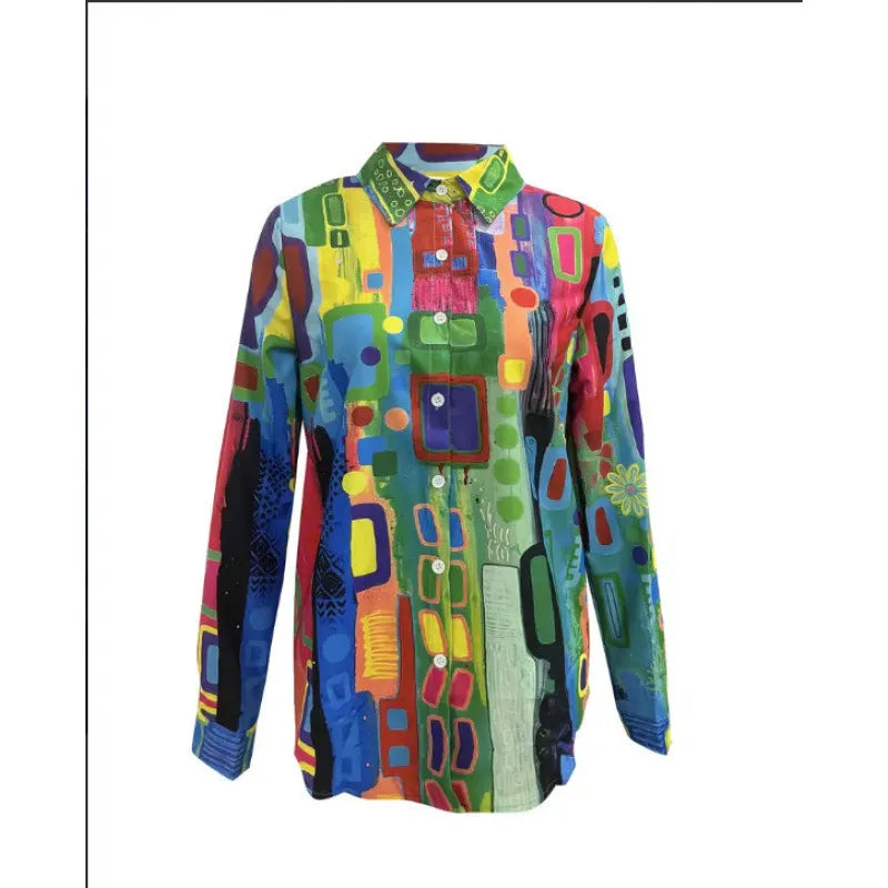Digital Print Long Sleeve Shirt – Lightweight Lapel Blouse for Casual & Modern Everyday Styling