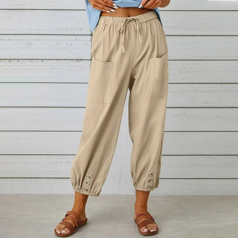 Women’s High-Waist Cotton & Linen Cropped Trousers – Wide-Leg Button Detail Fit