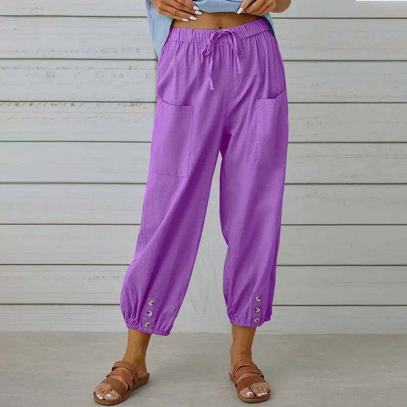 Women’s High-Waist Cotton & Linen Cropped Trousers – Wide-Leg Button Detail Fit