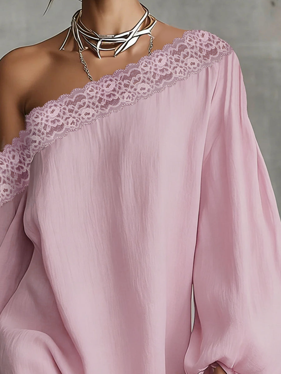 Long Sleeves Loose Solid Color Split-Joint One-shoulder Mini Dresses