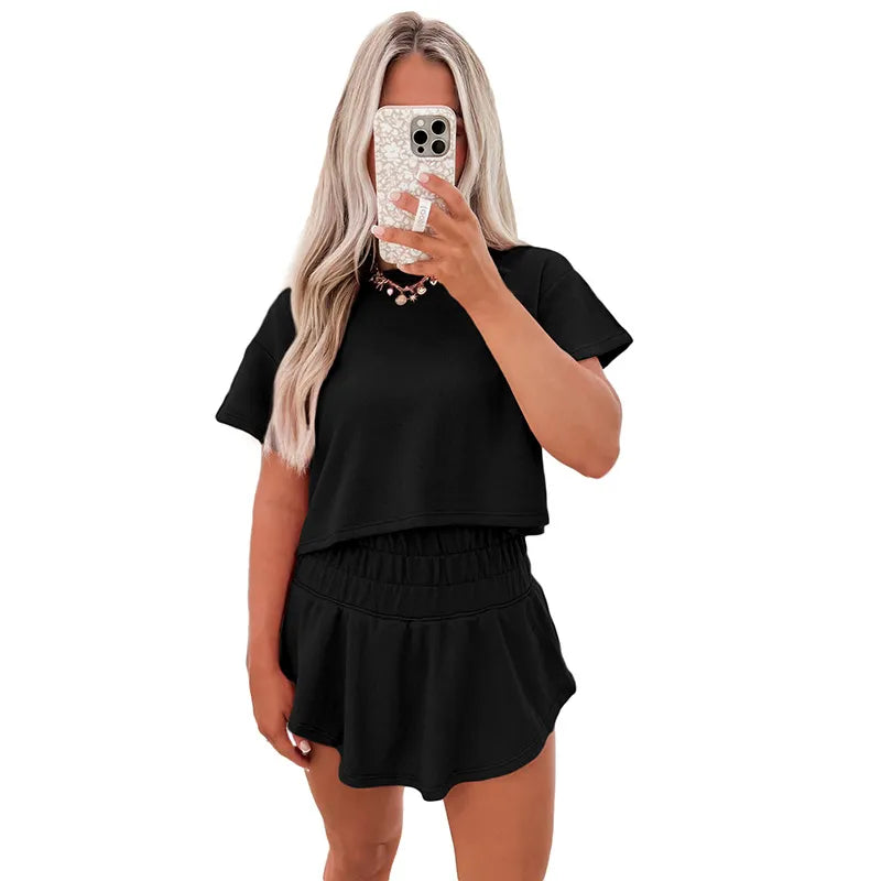 Women’s Short Sleeve Pleated Casual Suit – Two-Piece Set