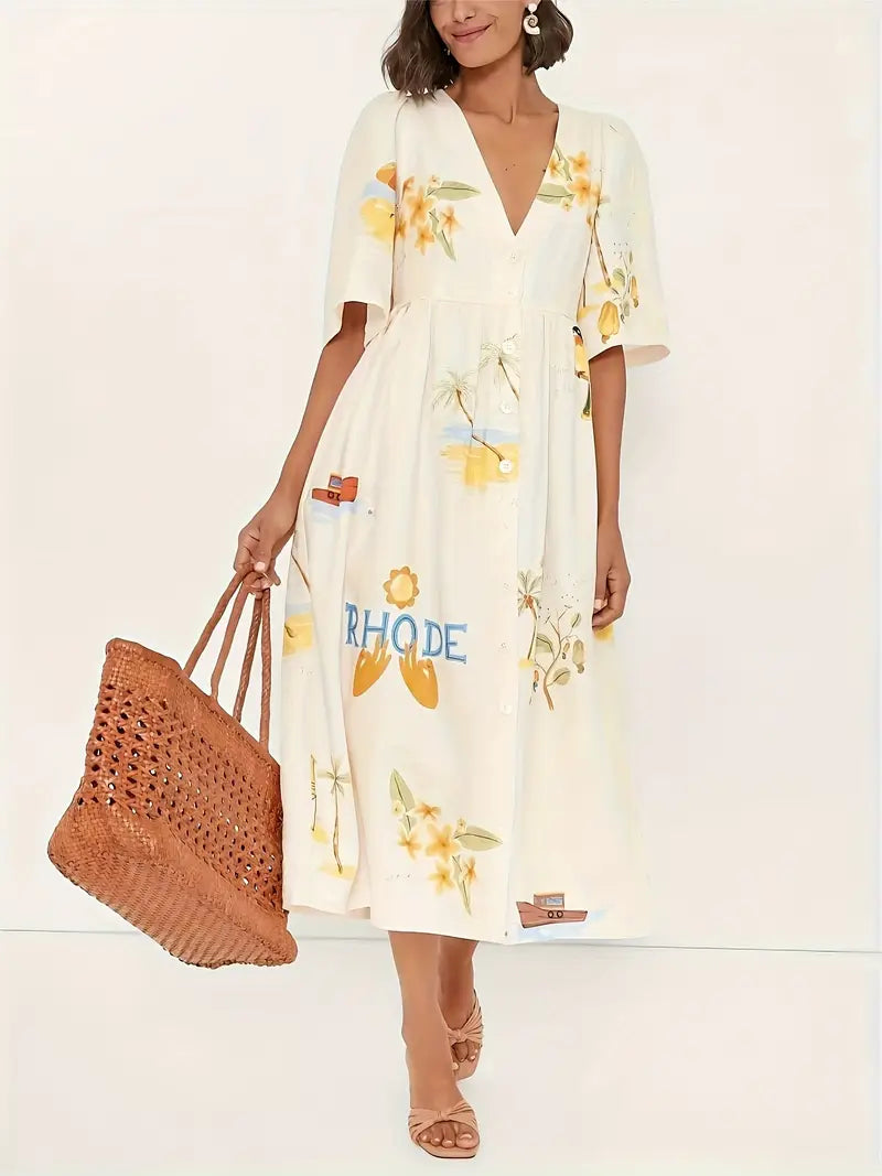 Women’s Puff Sleeve A-Line Dress – Mid-Length Floral Vacation Style