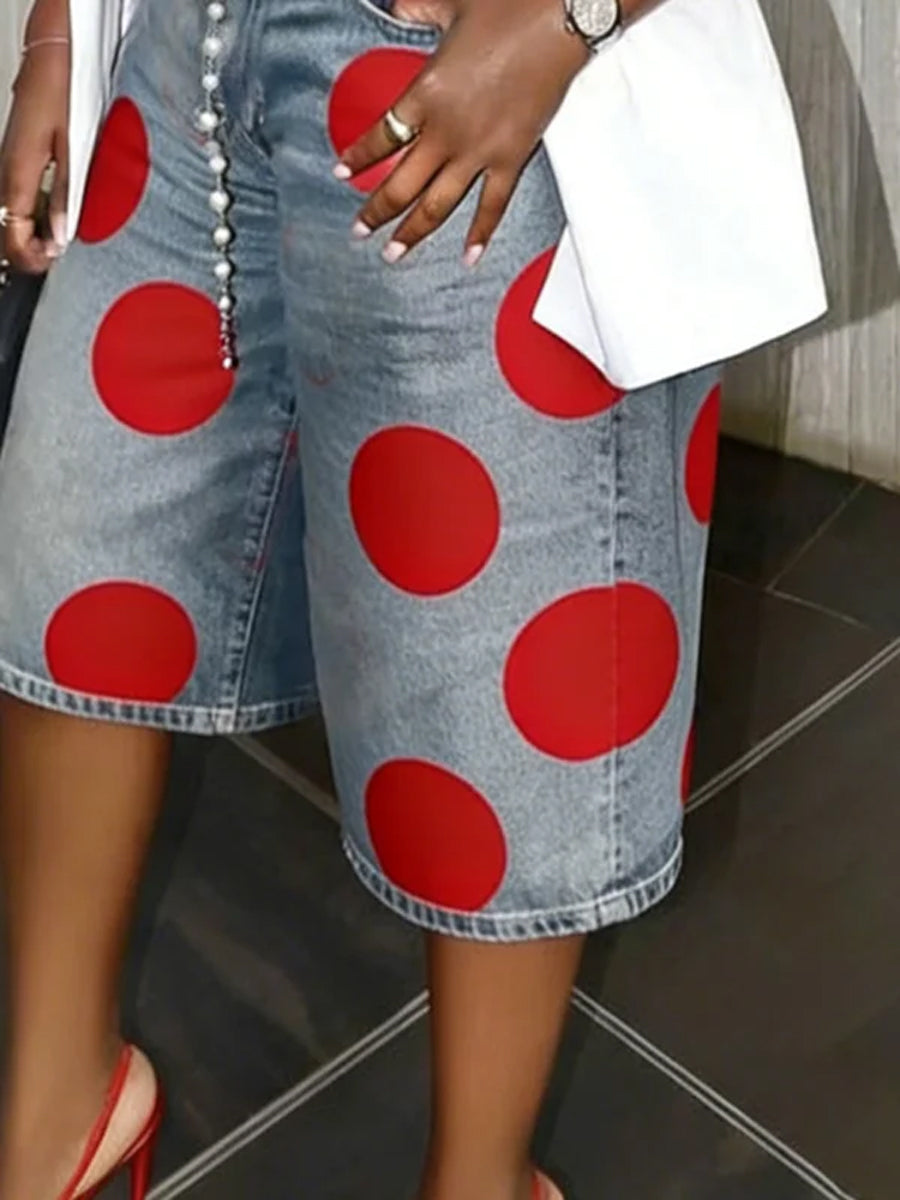 High Waisted Loose Pockets Polka-Dot Denim Shorts