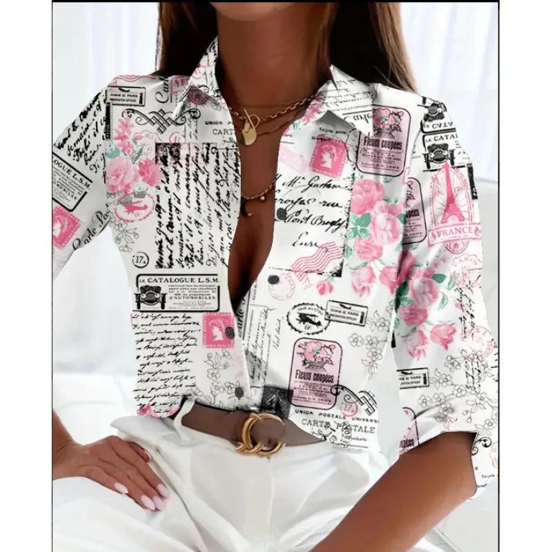 Digital Print Long Sleeve Shirt – Lightweight Lapel Blouse for Casual & Modern Everyday Styling