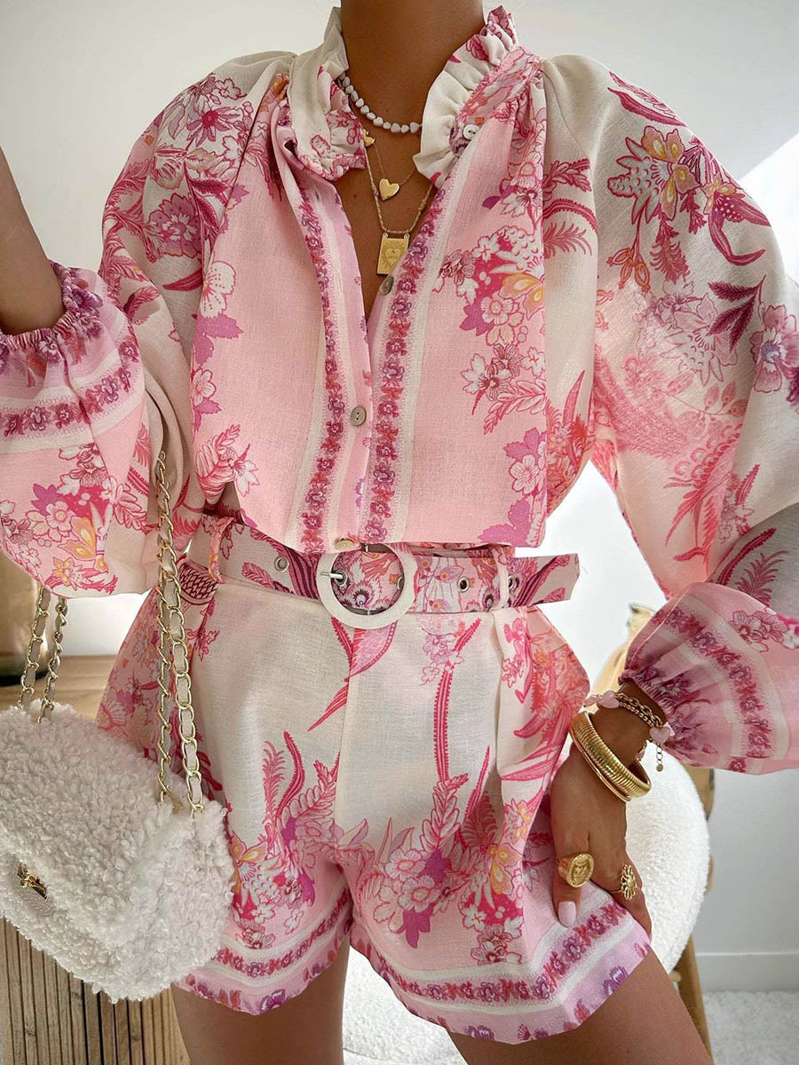 High Waisted Long Sleeves Belted Buttoned Contrast Color Elasticity Flower Print Ruffled Split-Joint Stand Collar Blouses&Shirts Tops + Shorts Bottoms Two Pieces Set