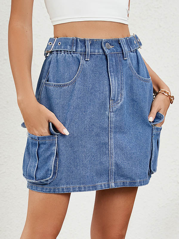 High Waisted Loose Adjustable Elasticity Pockets Split-Joint Skirts Bottoms