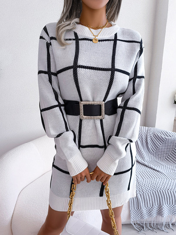 Elasticated Waist Long Sleeves Belted Contrast Color Plaid Round-Neck Mini Dresses Sweater Dresses