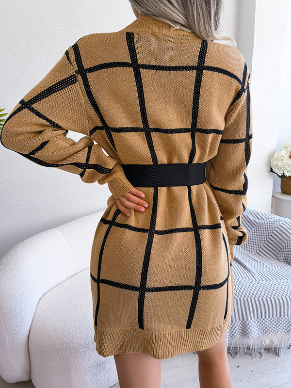 Elasticated Waist Long Sleeves Belted Contrast Color Plaid Round-Neck Mini Dresses Sweater Dresses