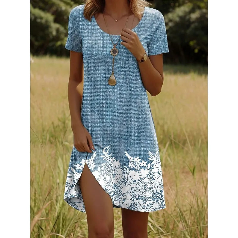 Women’s Printed Round Neck Short Sleeve Dress – Artistic Peacock & Floral Design