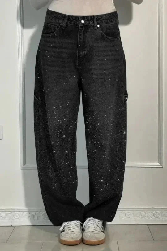 High Waist Glitter Jeans – Relaxed Fit Black Denim Pants with Subtle Sparkle Finish