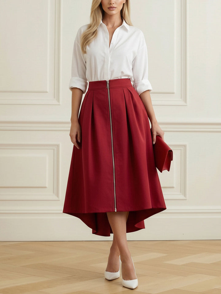 A-Line High-Low Pleated Pockets Solid Color Zipper Skirts Bottoms
